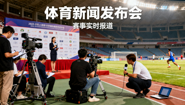 体育新闻发布与赛事报道现场,用于体育资讯解决方案配图